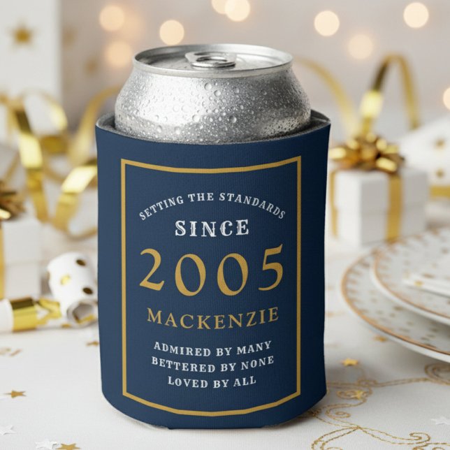 Personalized 21st Birthday 2005 Elegant Blue Gold Dosenkühler (2005 blue can cooler. White and gold background.)
