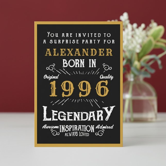 Personalized 30th Birthday 1996 Black Gold Legend Einladung (1996 birthday invitation. White and red background.)