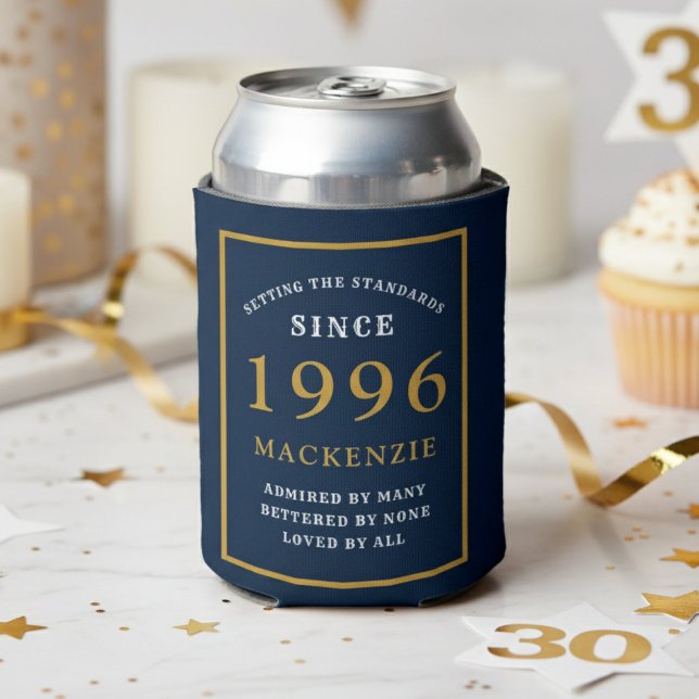Personalized 30th Birthday 1996 Elegant Blue Gold Dosenkühler (1996 blue can cooler. White background.)