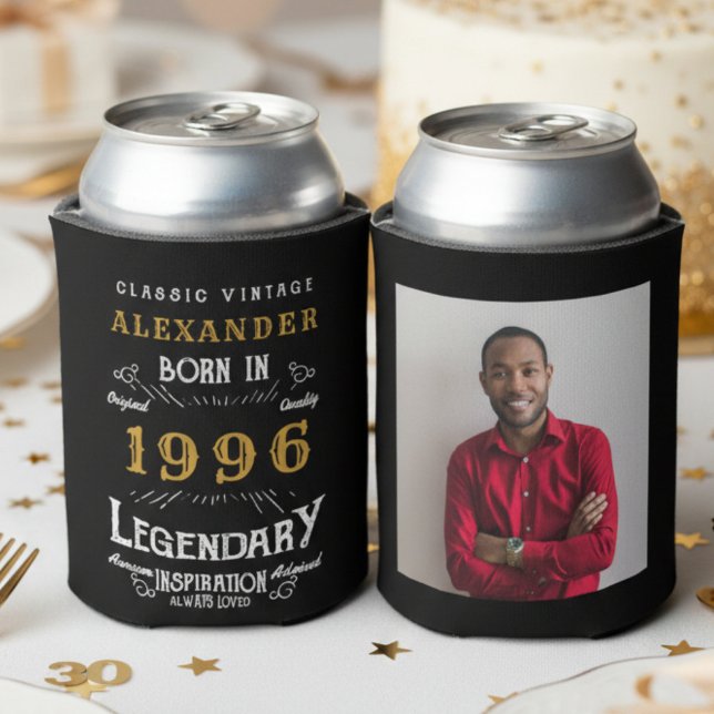 Personalized 30th Birthday Vintage Photo Keepsake Dosenkühler (30th birthday can coolers showing front and rear on a white and gold background.)