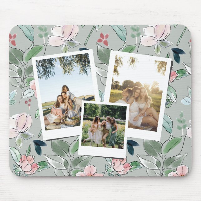 Personalized 3 Photo Green Floral Background  Mousepad (Vorne)