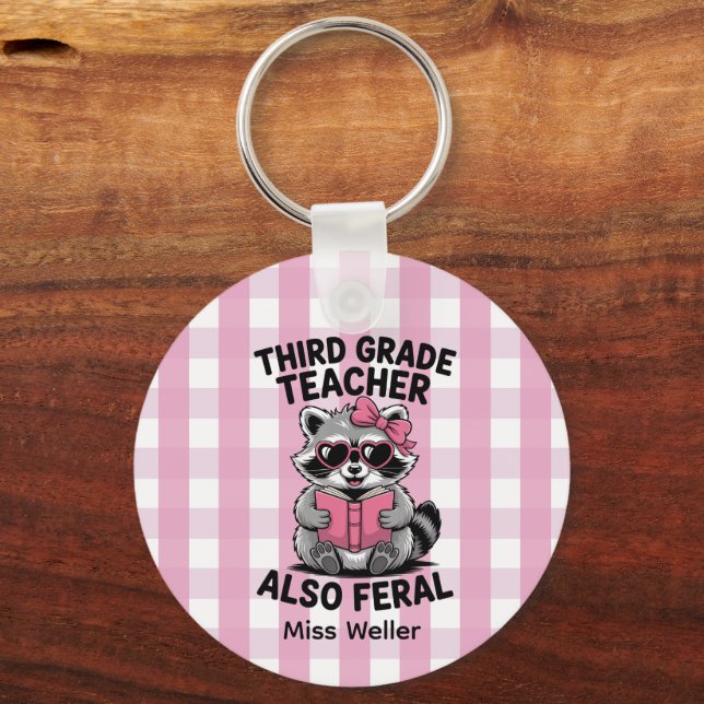 Personalized 3rd Grade Teacher Cute Feral Raccoon  Schlüsselanhänger (Rückseite)