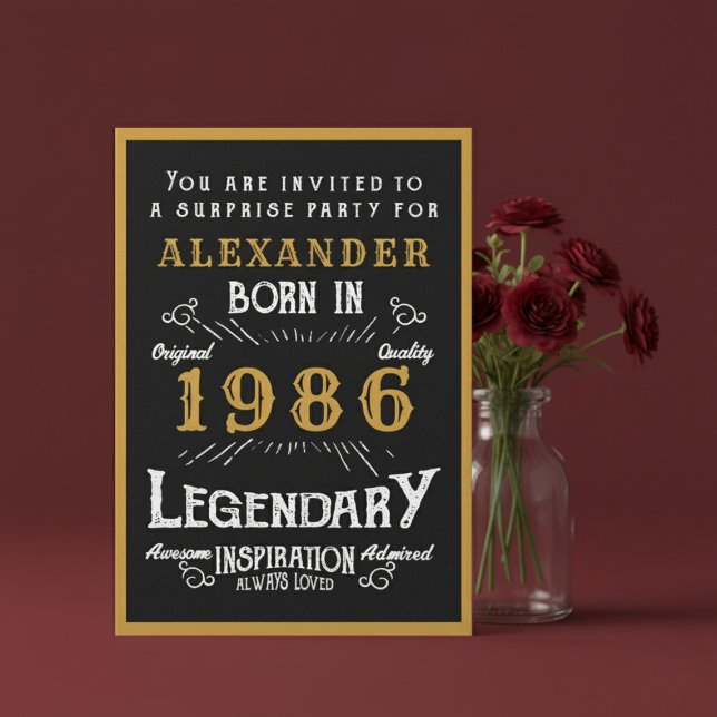 Personalized 40th Birthday 1986 Black Gold Legend Einladung (1986 birthday invitation. Red background.)