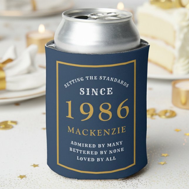 Personalized 40th Birthday 1986 Elegant Blue Gold Dosenkühler (1986 blue can cooler. White background.)