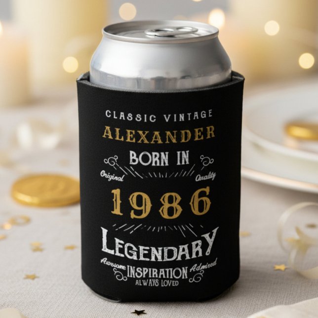 Personalized 40th Birthday 1986 Vintage Legendary Dosenkühler (40th birthday can cooler on white and gold background.)