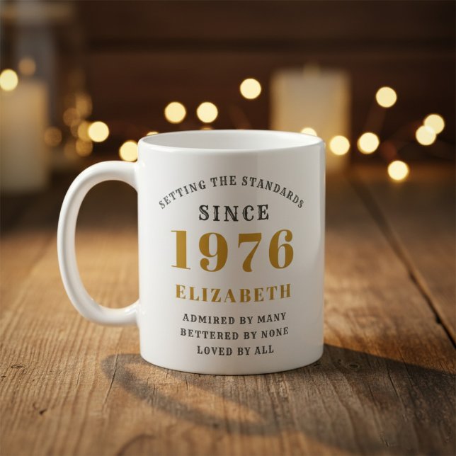 Personalized 50th Birthday 1976 Add Name Elegant Kaffeetasse (Born 1976 birthday gift mug. Background out of focus.)