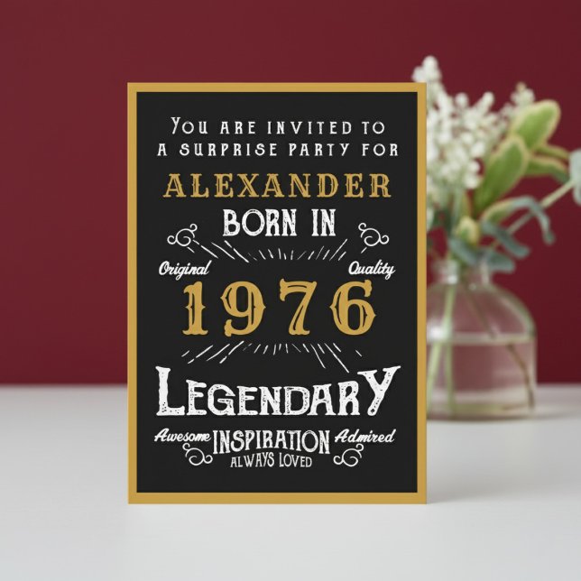Personalized 50th Birthday 1976 Black Gold Legend Einladung (1976 birthday invitation. White and red background.)