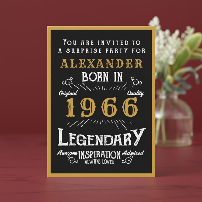 Personalized 60th Birthday 1966 Black Gold Legend Einladung (1966 birthday invitation. Red background.)
