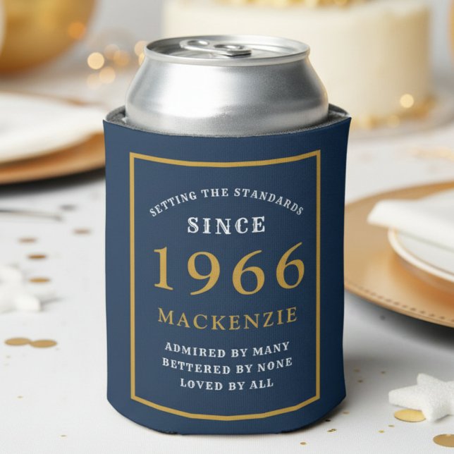 Personalized 60th Birthday 1966 Elegant Blue Gold Dosenkühler (1966 blue can cooler. White background.)