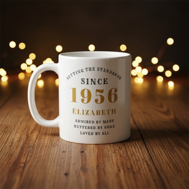 Personalized 70th Birthday 1956 Add Name Elegant Kaffeetasse (Born 1956 birthday gift mug. Background out of focus.)
