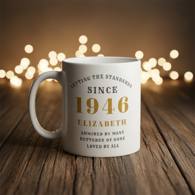 Personalized 80th Birthday 1946 Add Name Elegant Kaffeetasse (Born 1946 birthday gift mug. Background out of focus.)