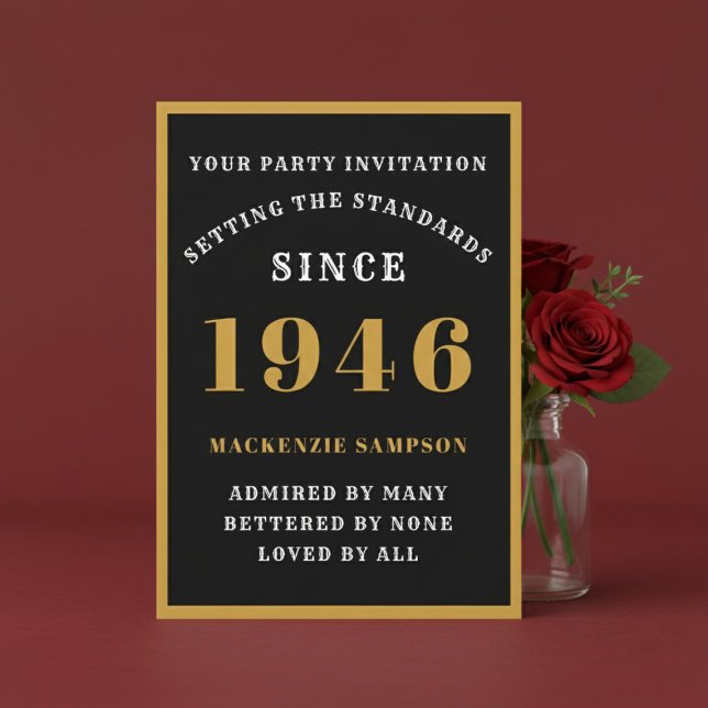 Personalized 80th Birthday 1946 Elegant Black Gold Einladung (1946 birthday invitation. Red background.)