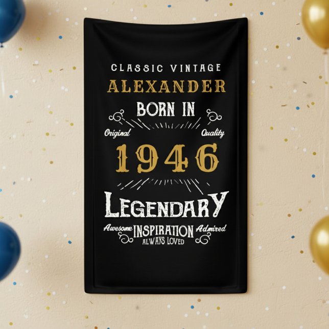 Personalized 80th Birthday 1946 Vintage Legend Banner (Born 1946 birthday banners against a creme color wall.)