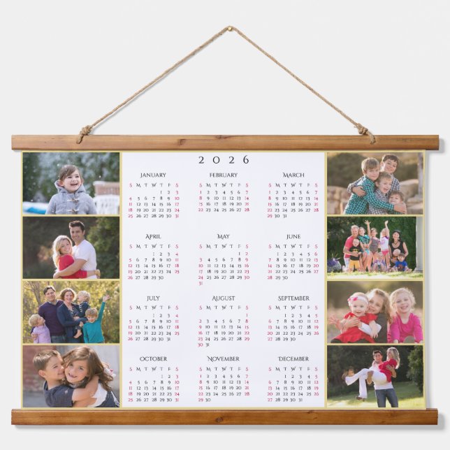 Personalized 8 Photo Collage 2026 Family Calendar Wandteppich Mit Holzrahmen (Vorne)