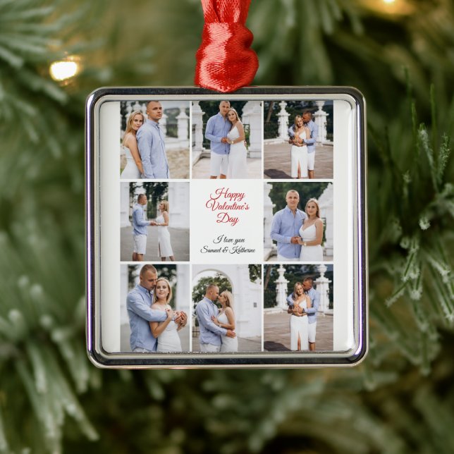 Personalized 8 Photo Collage Valentine's Day Metal Ornament Aus Metall (Baum)