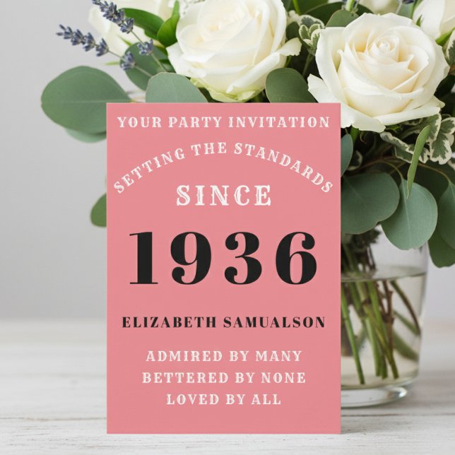 Personalized 90th Birthday 1936 Add Your Name Pink Einladung (Born 1936 Pink Party invite on a table with flowers. )