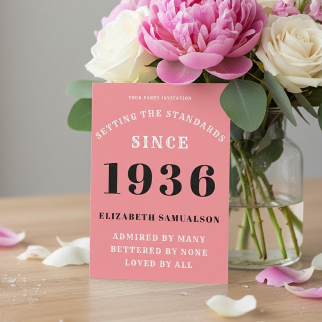 Personalized 90th Birthday 1936 Add Your Name Pink Einladung (1936 pink birthday invitation on a table with flowers)