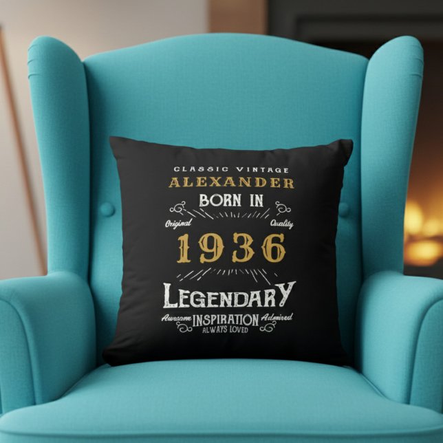 Personalized 90th Birthday Born 1936 Legend Black Kissen (Born 1936 throw pillow on a blue chair.)