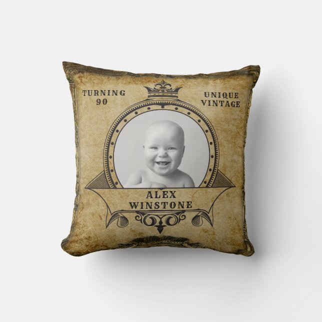 Personalized 90th Birthday Vintage Foto Template Kissen (Vorderseite)