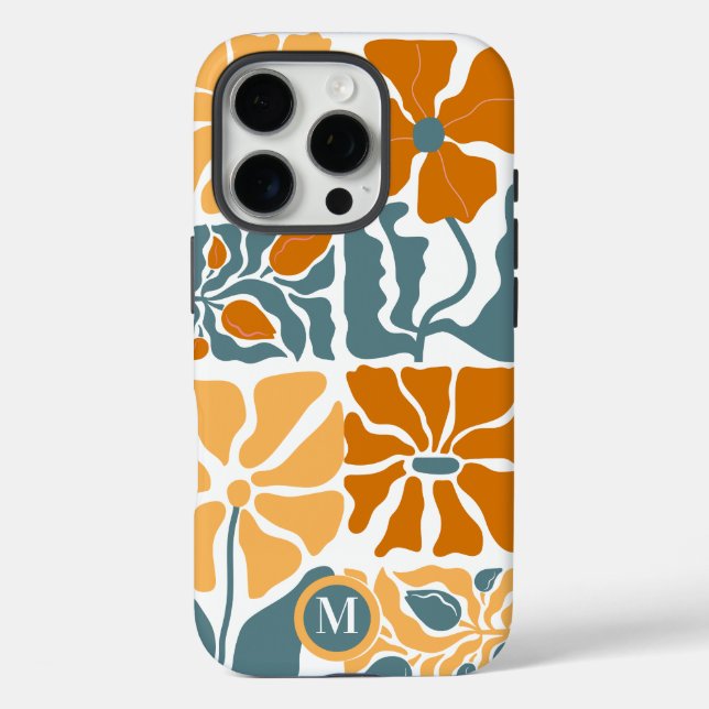 Personalized Abstract Retro Floral Monogram iPhone 16 Pro Hülle (Rückseite)