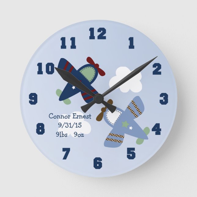 Personalized Adorable Airplanes Nursery Clock Runde Wanduhr (Vorderseite)