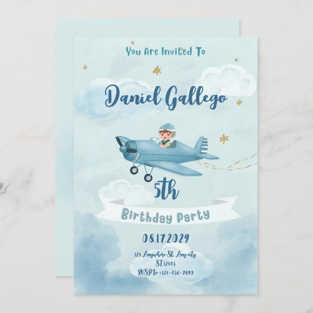 Personalized Airplane Boy Birthday Invitation (Devant / Derrière)
