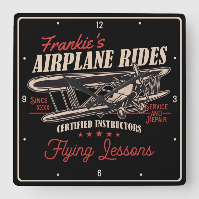 Personalized Airplane Rides Retro Flying Lessons S Quadratische Wanduhr (Vorderseite)