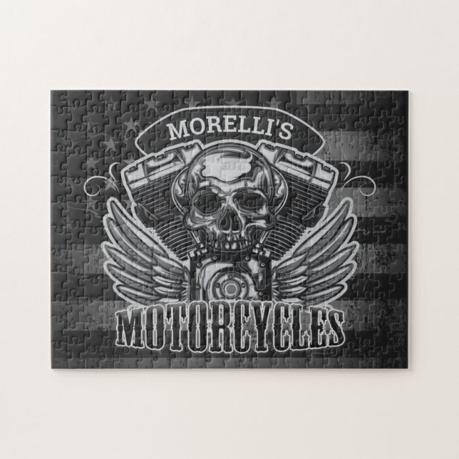 Personalized American Flag Biker Skull Motorcycle (Horizontal)
