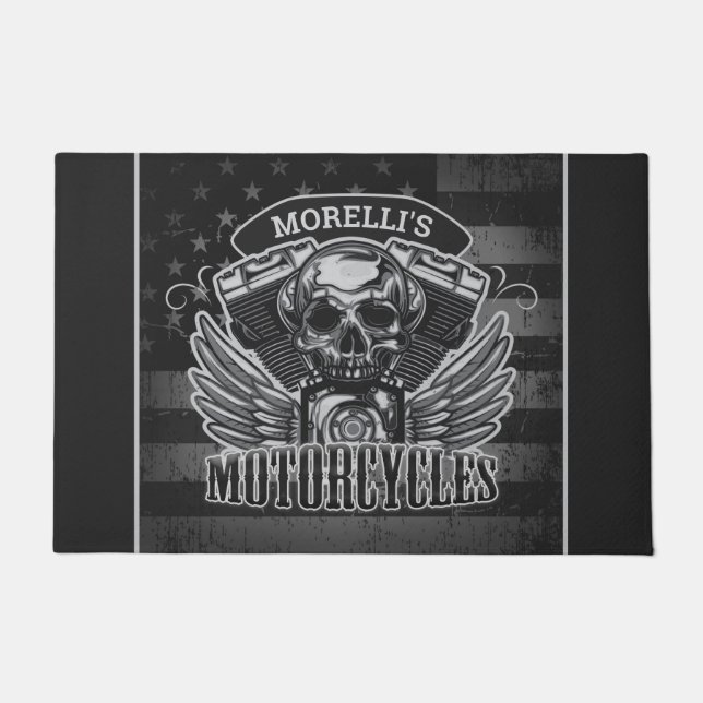 Personalized American Flag Biker Skull Motorcycle Fußmatte (Vorderseite)