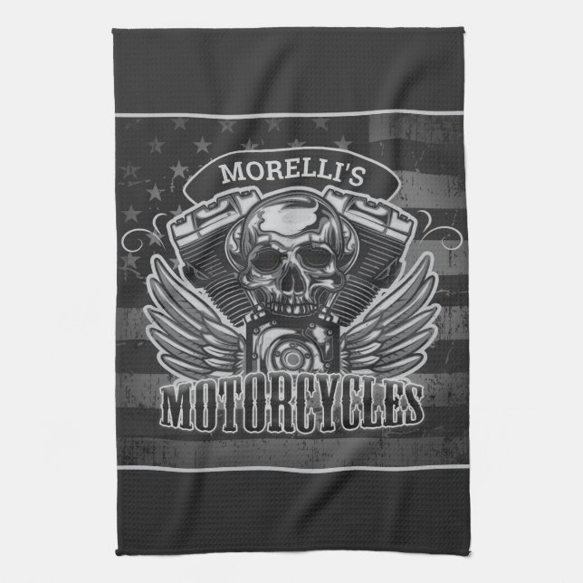 Personalized American Flag Biker Skull Motorcycle Geschirrtuch (Vertikal)