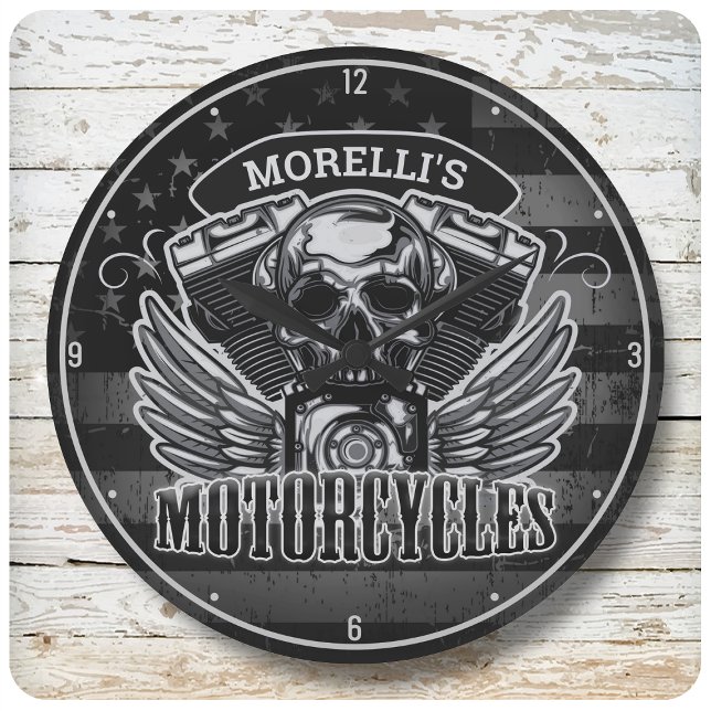Personalized American Flag Biker Skull Motorcycle Große Wanduhr (Von Creator hochgeladen)