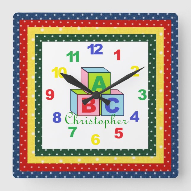 Personalized (ANY NAME) Child's Clock w/Numbers Quadratische Wanduhr (Vorderseite)