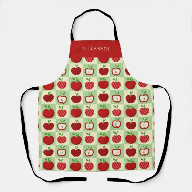 Personalized Apple Pattern Check Cozy Teacher Schürze (Vorderseite)