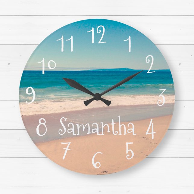 Personalized Aqua Beach Scene Große Wanduhr (Personalized Aqua Beach Scene Large Clock)