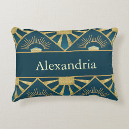 Personalized Art Deco Teal & Gold Geometric Name  Dekokissen