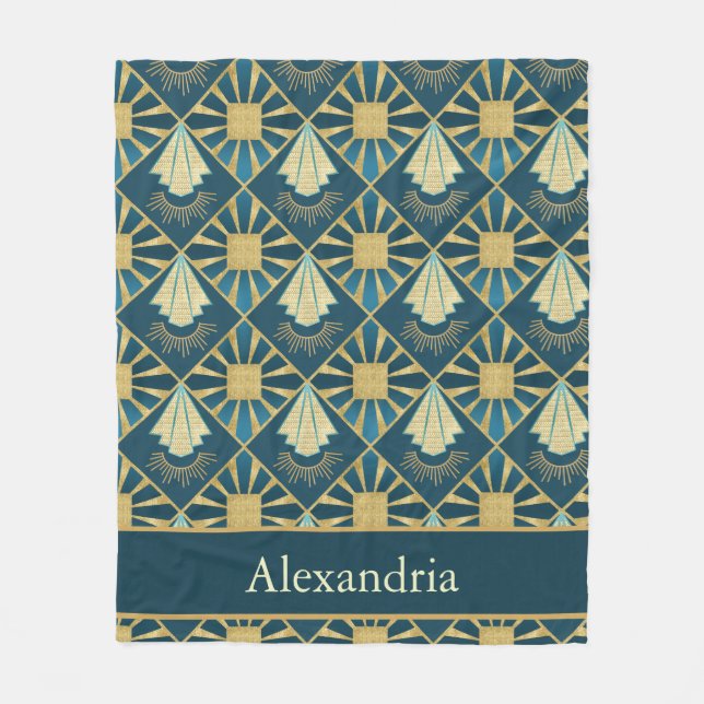Personalized Art Deco Teal & Gold Geometric Name  Fleecedecke (Vorderseite)