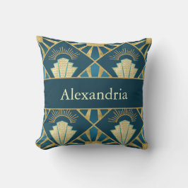 Personalized Art Deco Teal & Gold Geometric Name  Kissen