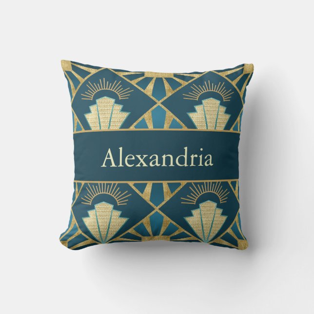Personalized Art Deco Teal & Gold Geometric Name  Kissen (Vorderseite)
