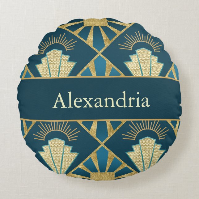 Personalized Art Deco Teal & Gold Geometric Name  Rundes Kissen (Vorderseite)