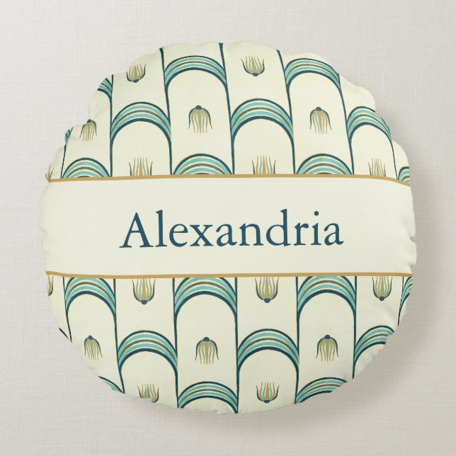 Personalized Art Deco Teal & Gold Geometric Rundes Kissen (Vorderseite)