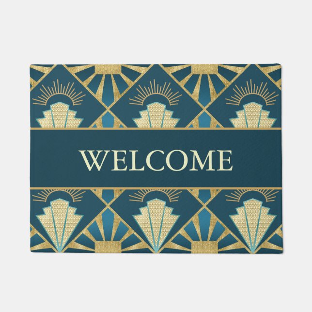 Personalized Art Deco Teal & Gold Welcome Fußmatte (Vorderseite)