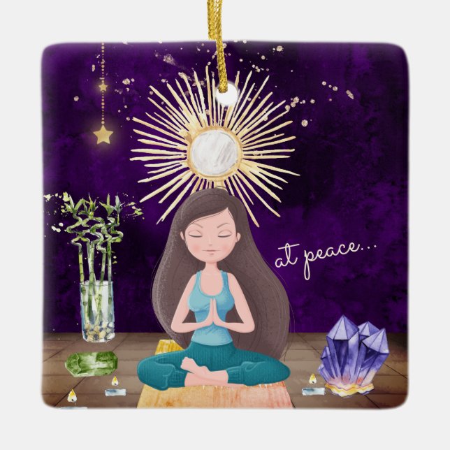 Personalized At Peace Yoga Brunette Girl Christmas Keramikornament (Vorderseite)