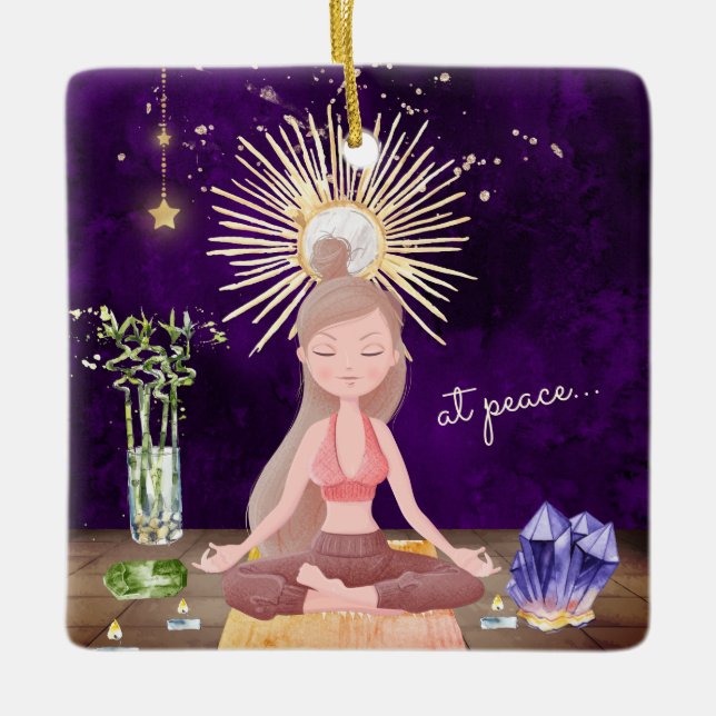 Personalized At Peace Yoga Girl Christmas Keramikornament (Vorderseite)