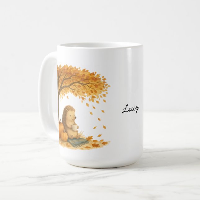 Personalized Autumn Hedgehog Under Tree Coffee Mug Kaffeetasse (Vorderseite Links)