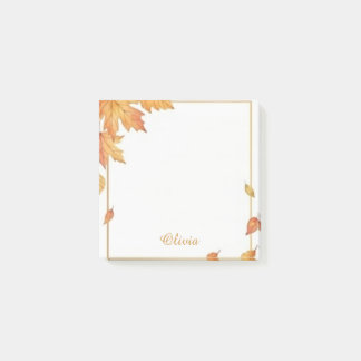 Personalized Autumn Leaves Watercolor Sticky Notes Post-it Klebezettel