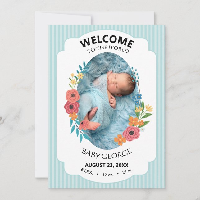 personalized baby blue floral Birth announcements (Vorderseite)