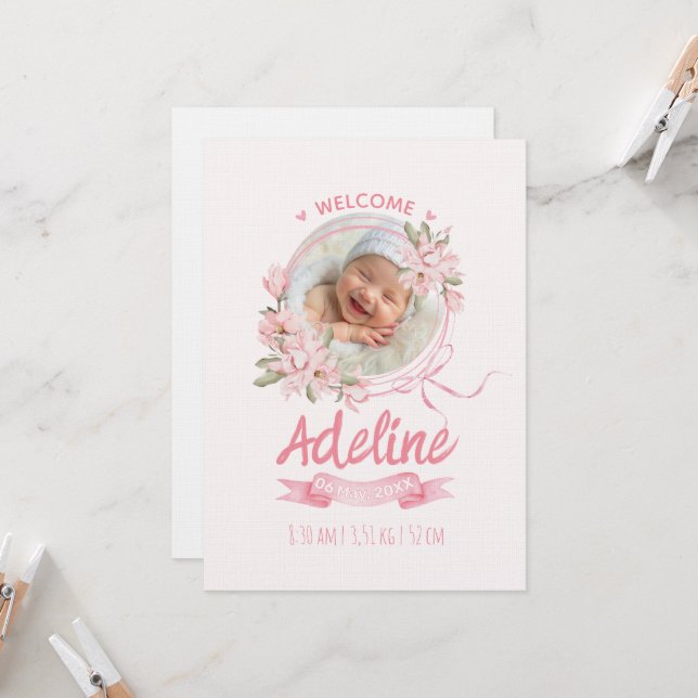 personalized baby blue floral Birth announcements Einladung (Vorderseite/Rückseite Beispiel)