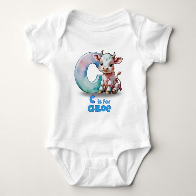 Personalized Baby Bodysuit – C is for Cow Strampler (Vorderseite)