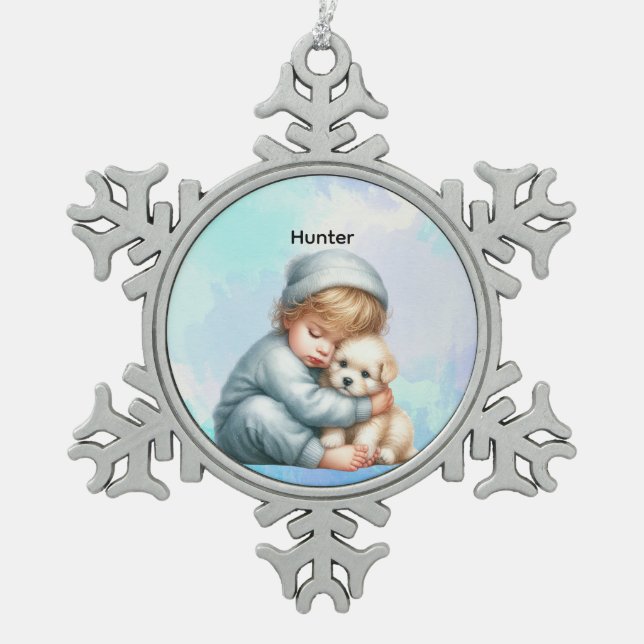 Personalized Baby Cuddling Puppy Snowflake  Schneeflocken Zinn-Ornament (Vorderseite)
