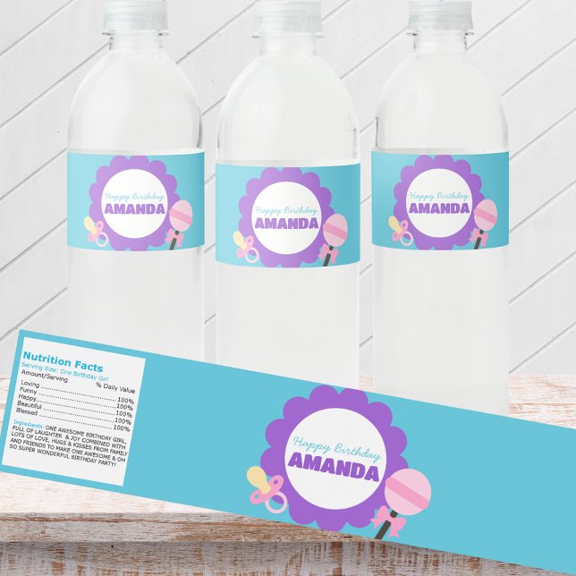 Personalized Baby Doll Birthday Water Bottle Label (Baby Doll Birthday Water Bottle Wrappers with Adorable Nutrition Label Backside. Pink, Purple & Teal)